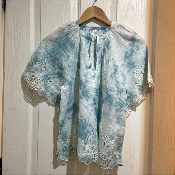 ANTHROPOLOGIE Olivia Embroidered Tie-Dye Blouse Top New NWT Size XS blue white - Picture 6 of 10